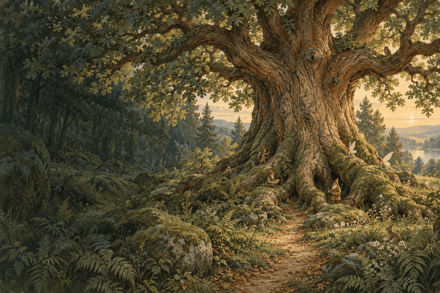 An ancient oak in an enchanted woodland, with tiny gnomes and fairies gathered among its roots.